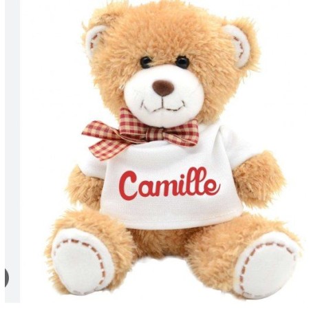 Peluche ours brun H 19 cm avec mini tee-shirt QUE JE PERSONNALISE AVEC UN PRÉNOM, UNE IMAGE, UN MESSAGE OU UNE PHOTO